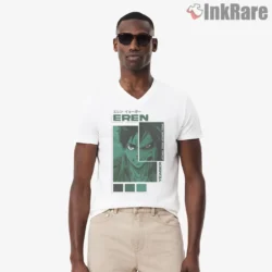 Eren Yeager Green Panel Shingeki No Kyojin Shirt on white v-neck shirt for men graphic tee
