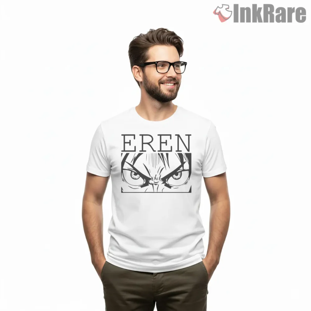 Eren Yeager Intense Eyes Manga Panel Shirt on white short sleeve shirt for men graphic tee