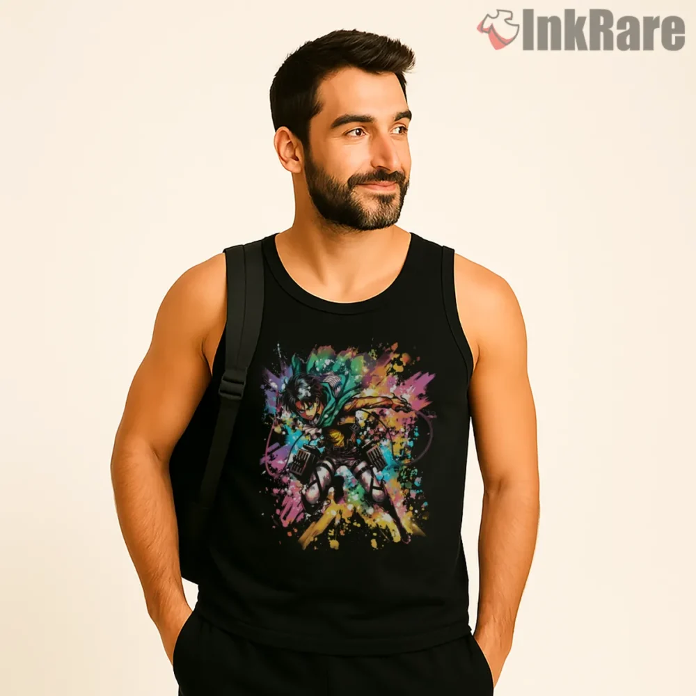 Eren Yeager Neon Burst Attack Shirt on black tank top for men graphic tee