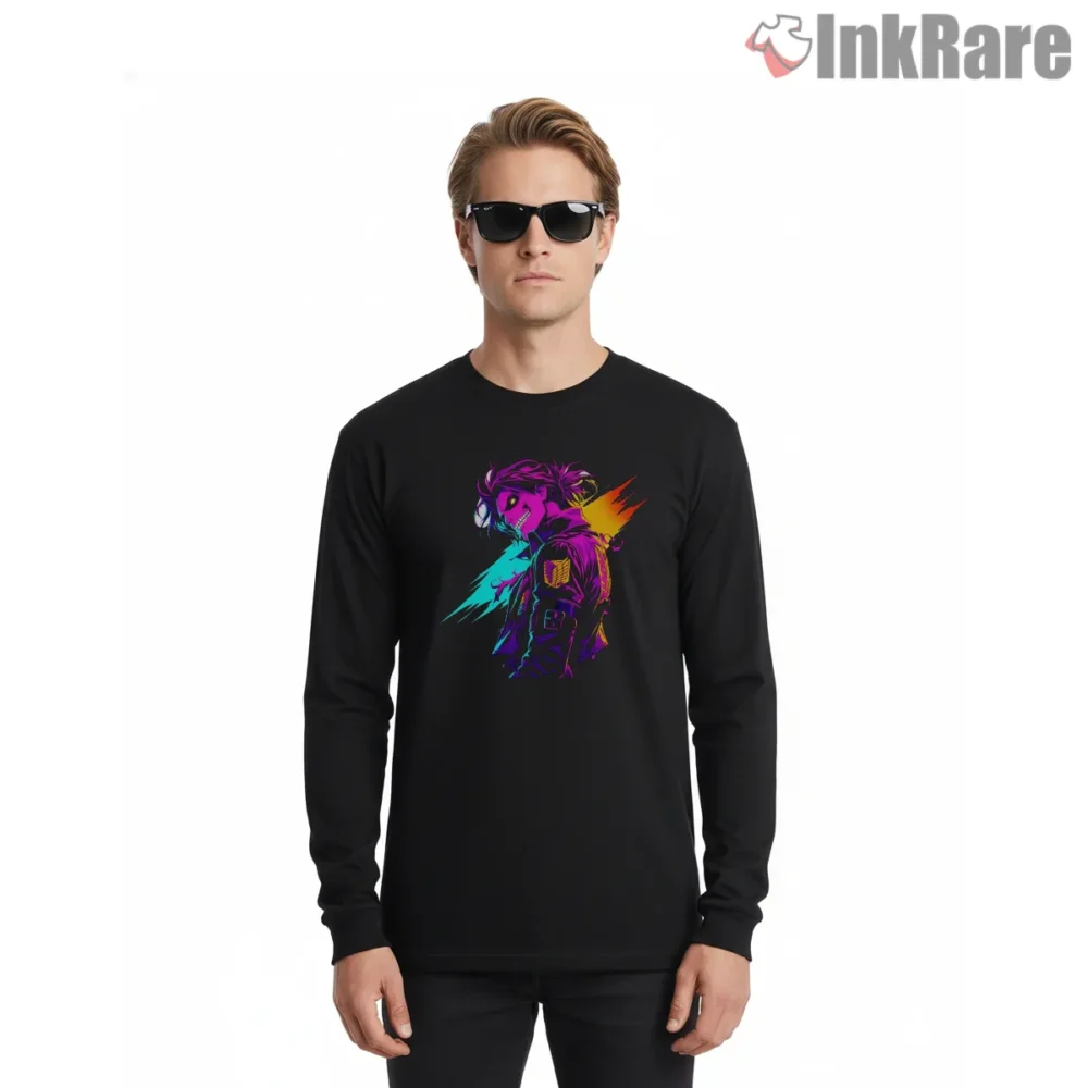 Eren Yeager Neon Titan Aura Shirt on black long sleeve shirt for men graphic tee