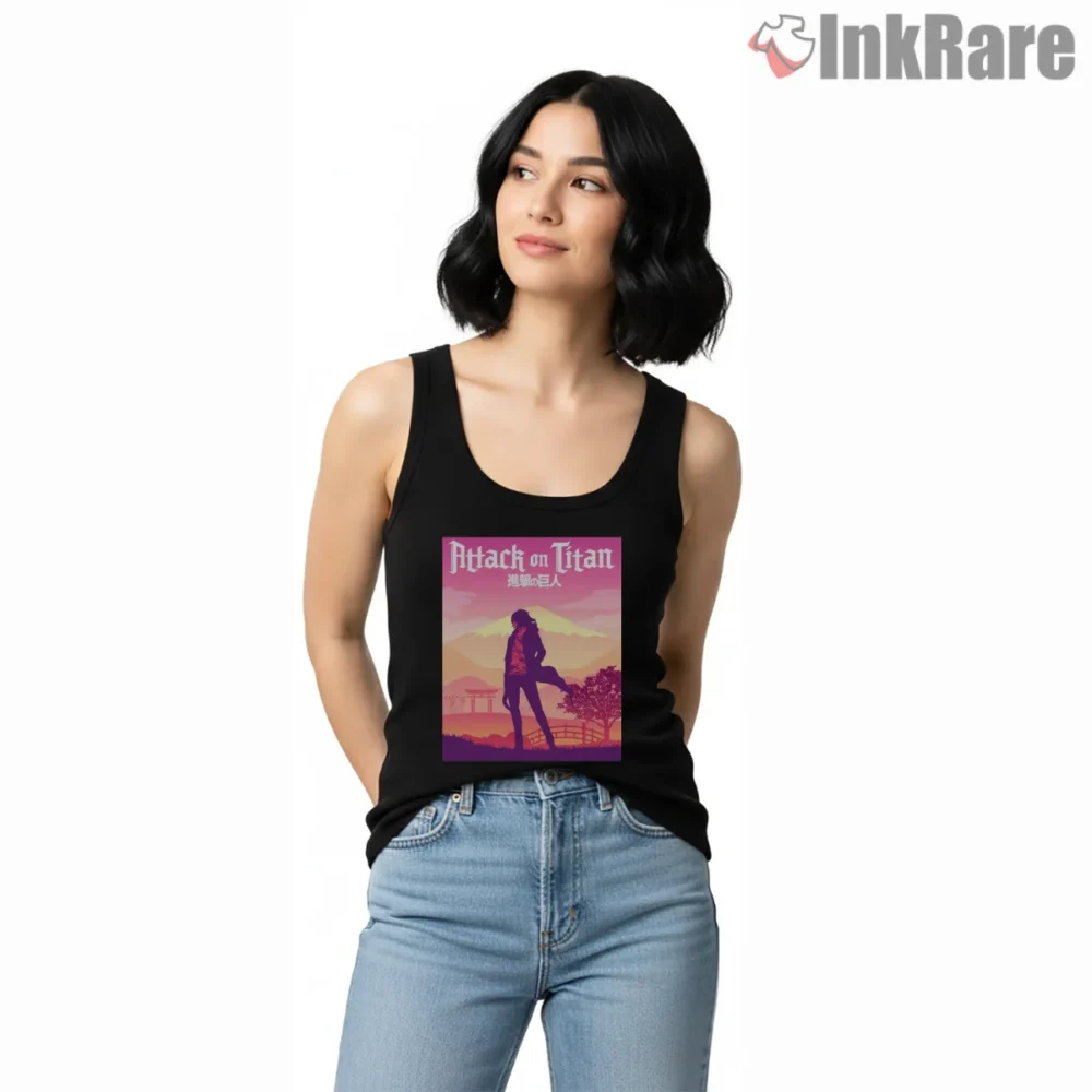 Eren Yeager Pastel Sunset Journey Shirt on black tank top for women graphic tee