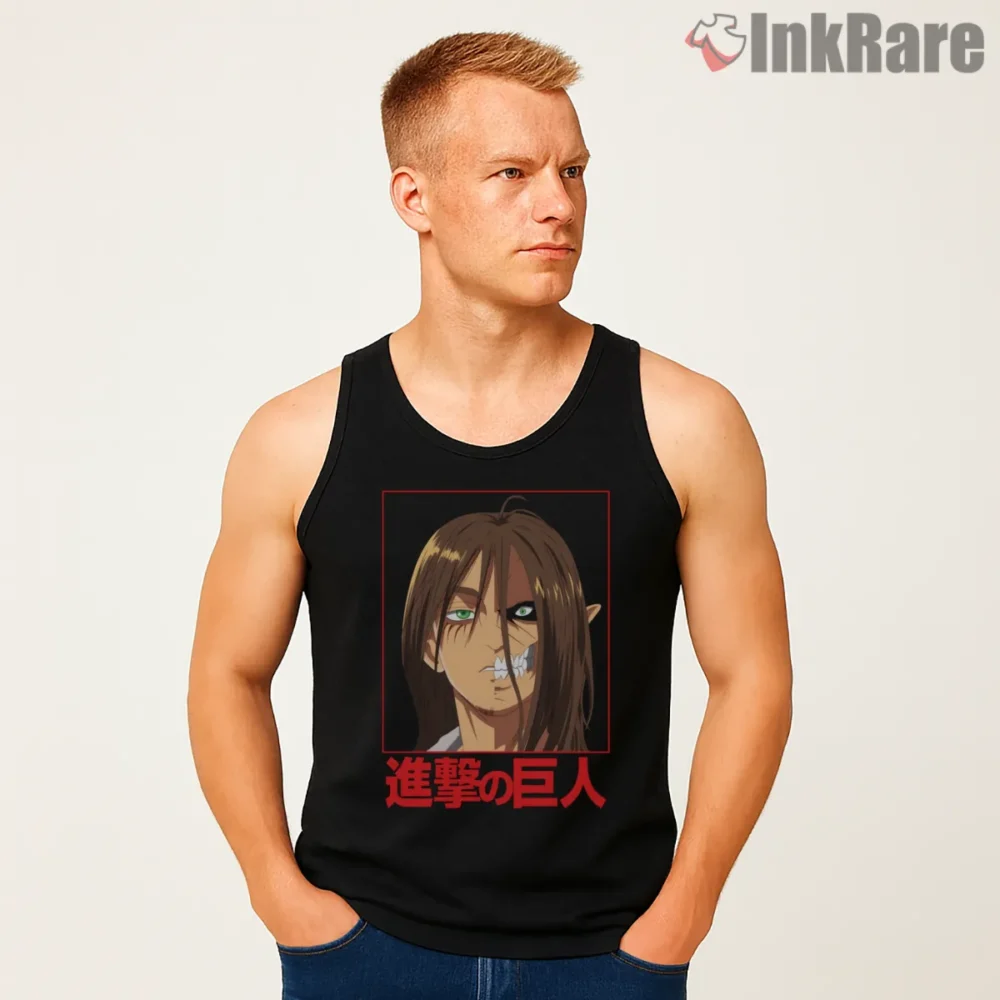 Eren Yeager Reluctant Hero Portrait Shirt on black tank top for men graphic tee