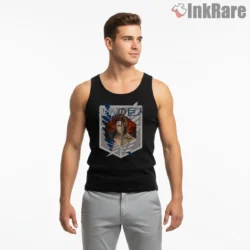 Eren Yeager Winged Crest Portrait Shirt on black tank top for men graphic tee