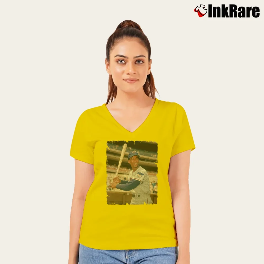 Women’s ernie banks chicago cubs for MLB Legends Fans V-Neck Tee in yellow | Chic Neckline, Soft Texture