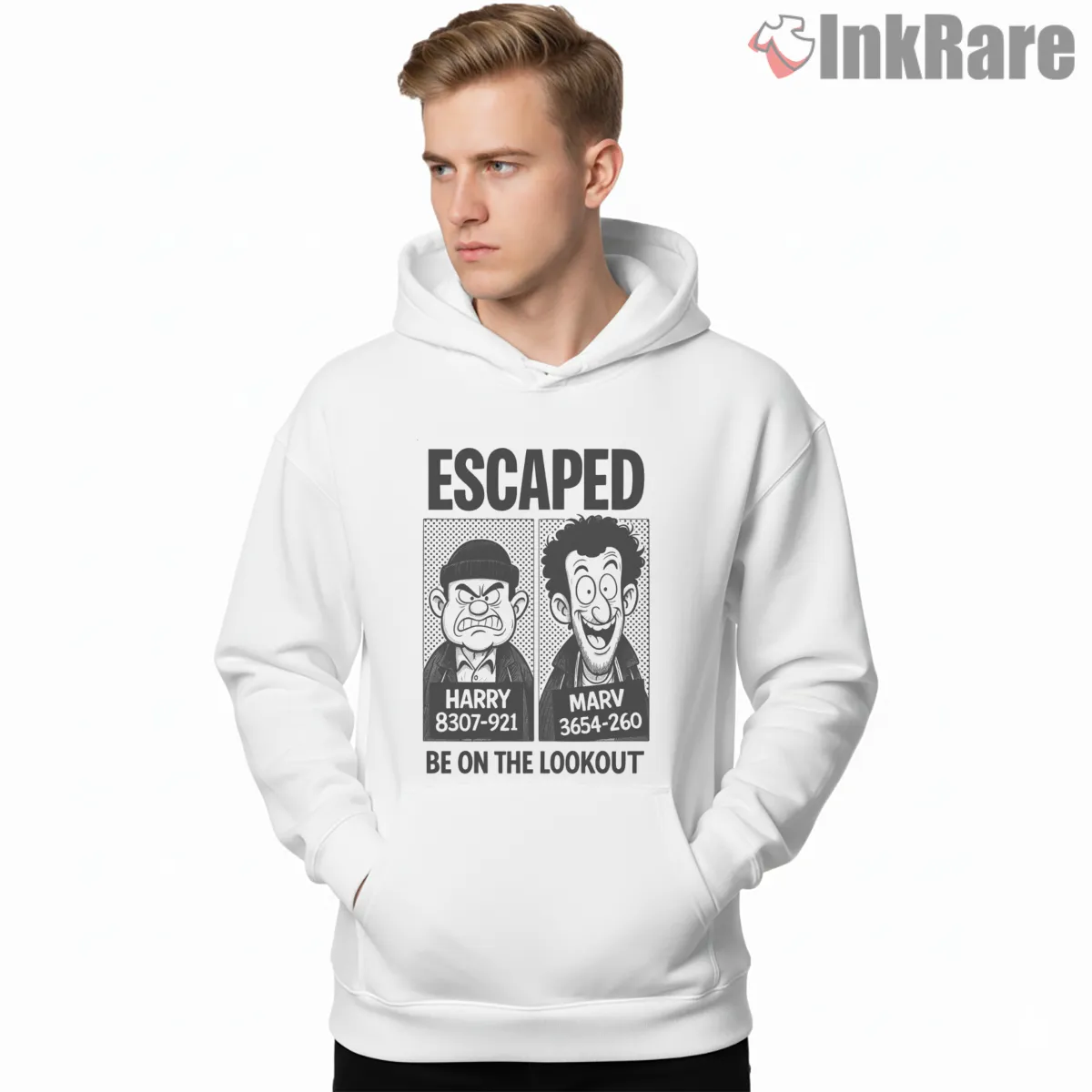 Escaped Harry And Marv Mugshot Shirt on white hoodie for men graphic tee