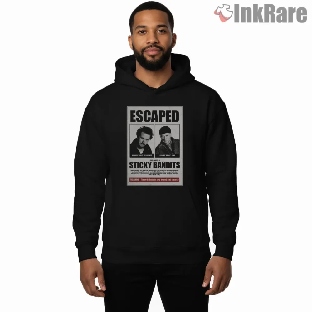 Escaped Sticky Bandits Grunge Wanted Poster Shirt on black hoodie for men graphic tee