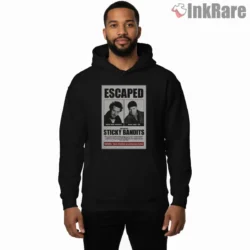 Escaped Sticky Bandits Grunge Wanted Poster Shirt on black hoodie for men graphic tee