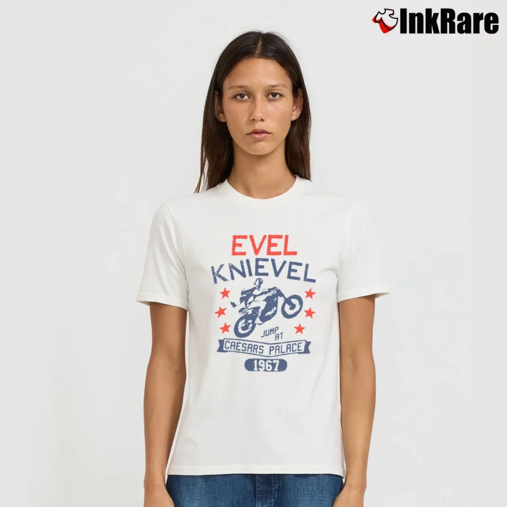 Women’s Evel Knievel Caesar's Palace Jump Tribute Signature T-Shirt in white | Soft, Flattering Fit