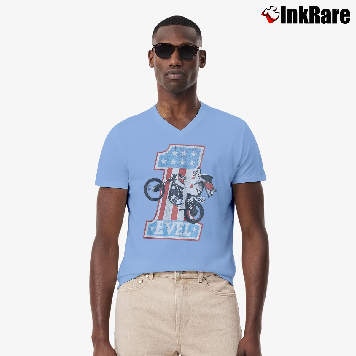 Men’s Evel Knievel Retro Daredevil Icon V-Neck Tee in light blue | Sharp, Breathable, Everyday Staple