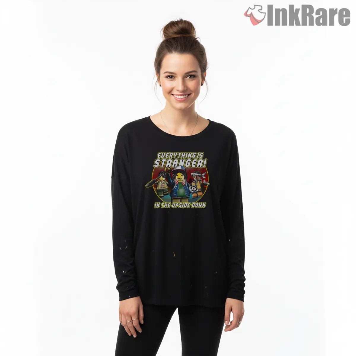 Everything Is Stranger Upside Down Adventure Shirt on black long sleeve shirt for women graphic tee