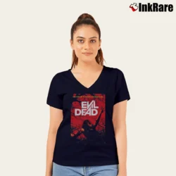 Women’s Evil Dead 2013 Movie Poster V-Neck Tee in navy | Chic Neckline, Soft Texture