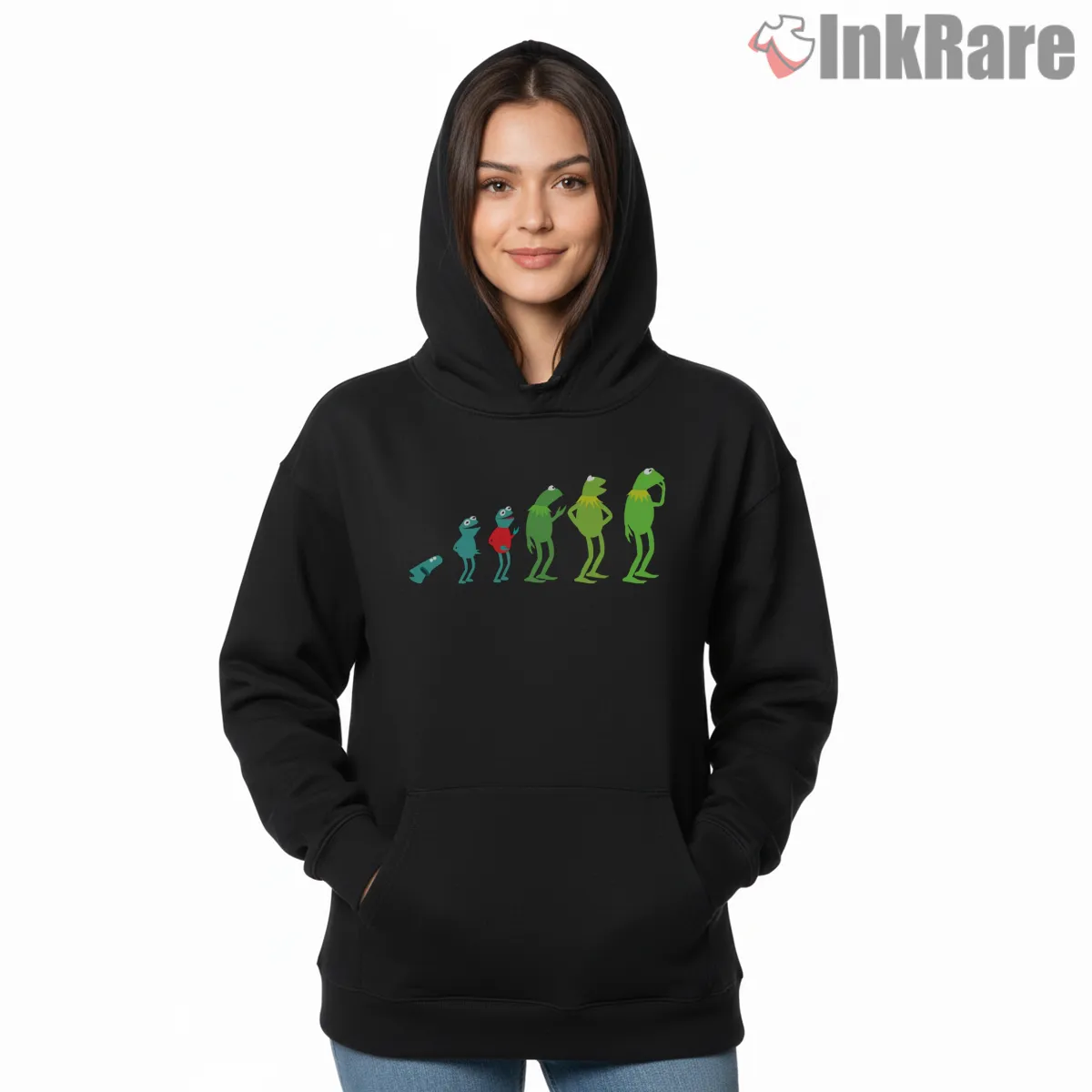 Evolution Of Kermit Funny Cartoon Progression Shirt on black hoodie for women graphic tee