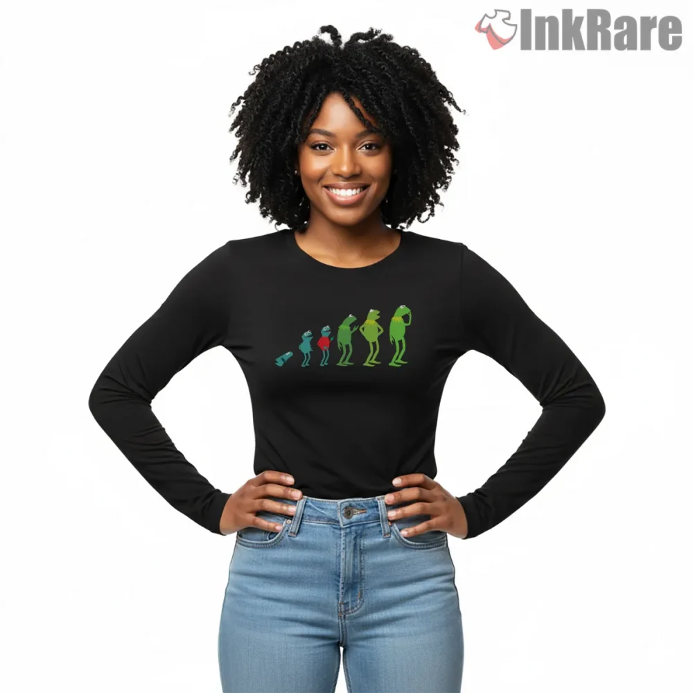Evolution Of Kermit Funny Cartoon Progression Shirt on black long sleeve shirt for women graphic tee