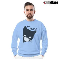 Men’s Ew People Black Cat Mask Quarantine Crewneck Sweatshirt in light blue | Cozy Fabric, Clean Style