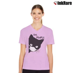 Women’s Ew People Black Cat Mask Quarantine V-Neck Tee in light pink | Chic Neckline, Soft Texture