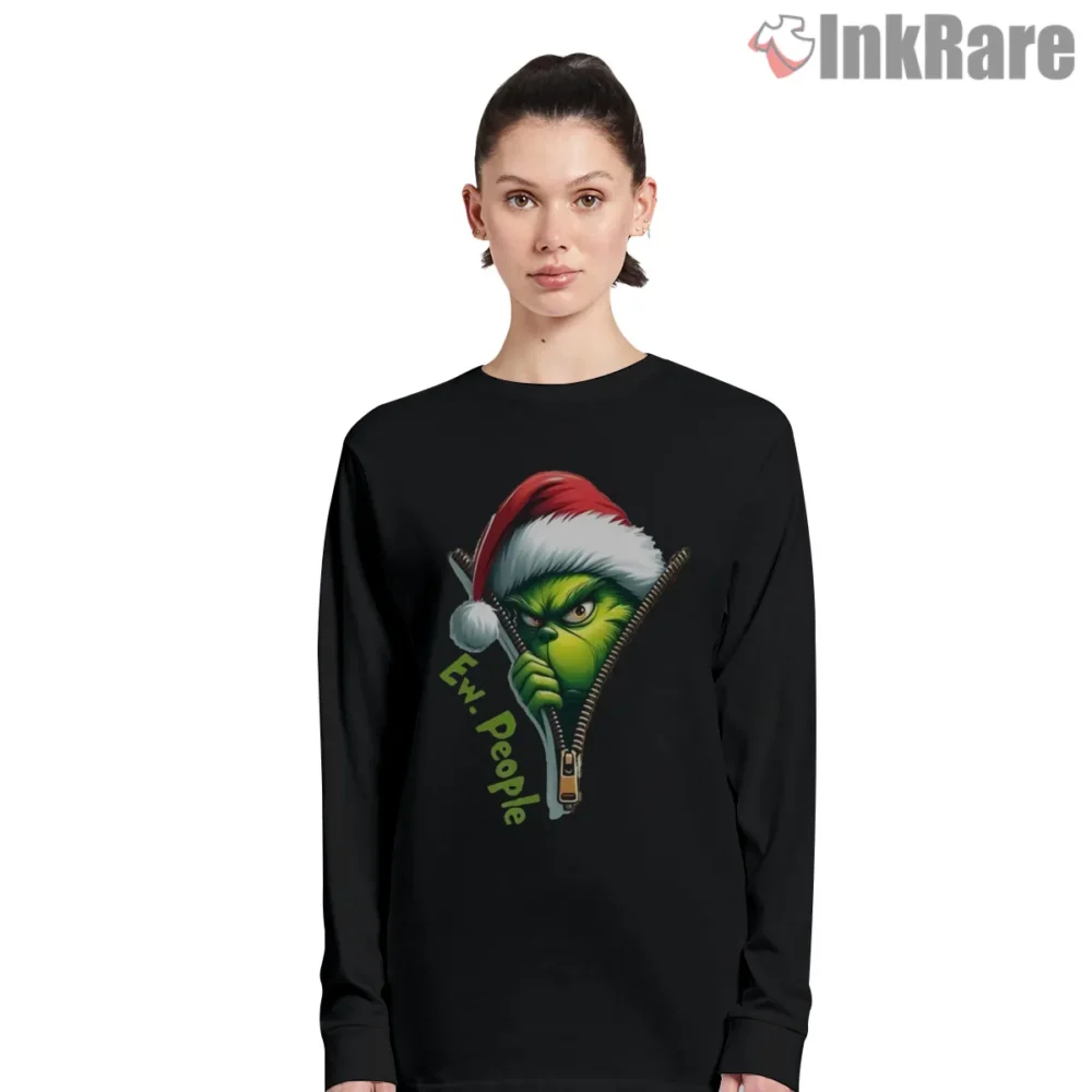 Ew People Zipper Pocket Grinch Christmas Shirt on black long sleeve shirt for women graphic tee