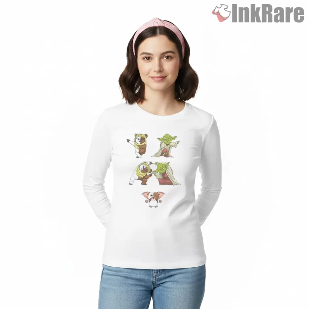 Ewok Yoda Gizmo Cute Mashup Shirt on white long sleeve shirt for women graphic tee