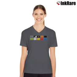 Women’s f1 racing flags for Motorsport Fans V-Neck Tee in charcoal | Chic Neckline, Soft Texture
