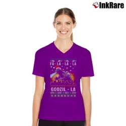 Women’s Fa La La La Godzilla Funny Ugly Christmas V-Neck Tee in purple | Chic Neckline, Soft Texture