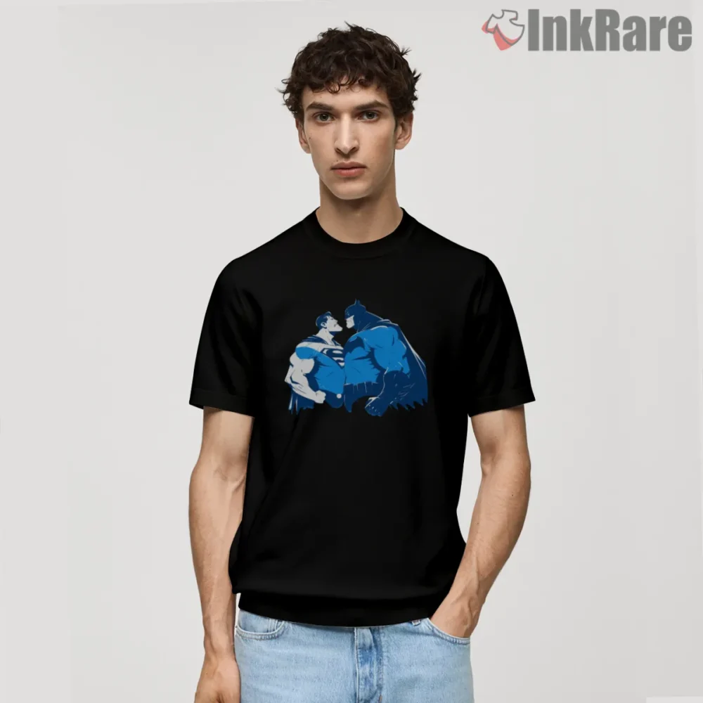 Face Off Blue And White Batman Superman Shirt on black short sleeve shirt for men graphic tee