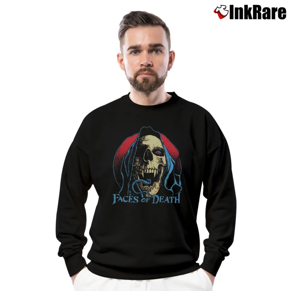 Men’s Faces Of Death Skull Graphic Crewneck Sweatshirt in black | Cozy Fabric, Clean Style