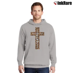 Men’s Faith Cross Leopard Christian Pullover Hoodie in sport grey | Cozy, Durable, Modern Fit
