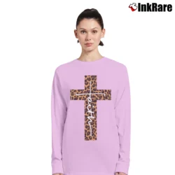 Women’s Faith Cross Leopard Christian Long-Sleeve Top in light pink | Sleek, Versatile, All-Season