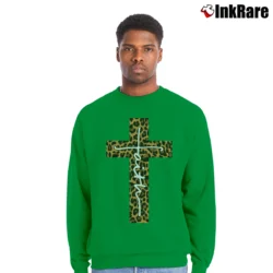 Men’s Faith Cross Leopard Christian Crewneck Sweatshirt in irish green | Cozy Fabric, Clean Style