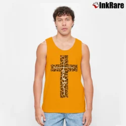 Men’s Faith Cross Leopard Christian Tank Top in orange | Breathable, Active-Friendly Design