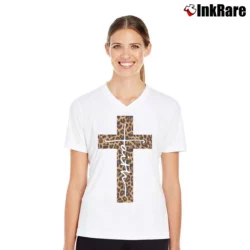 Women’s Faith Cross Leopard Christian V-Neck Tee in white | Chic Neckline, Soft Texture