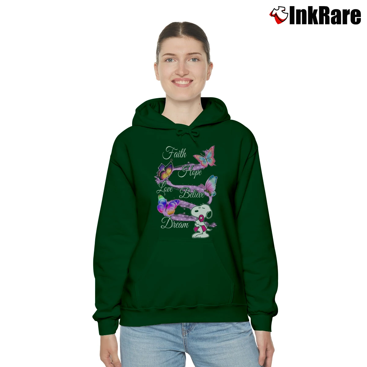 Faith Hope Love Believe Dream Snoopy Butterfly Women’s Cozy Hoodie in forest green – Urban Chic Women’s Faith Hope Love Believe Dream Snoopy Butterfly Cozy Hoodie in forest green | Warm, Structured, Stylish