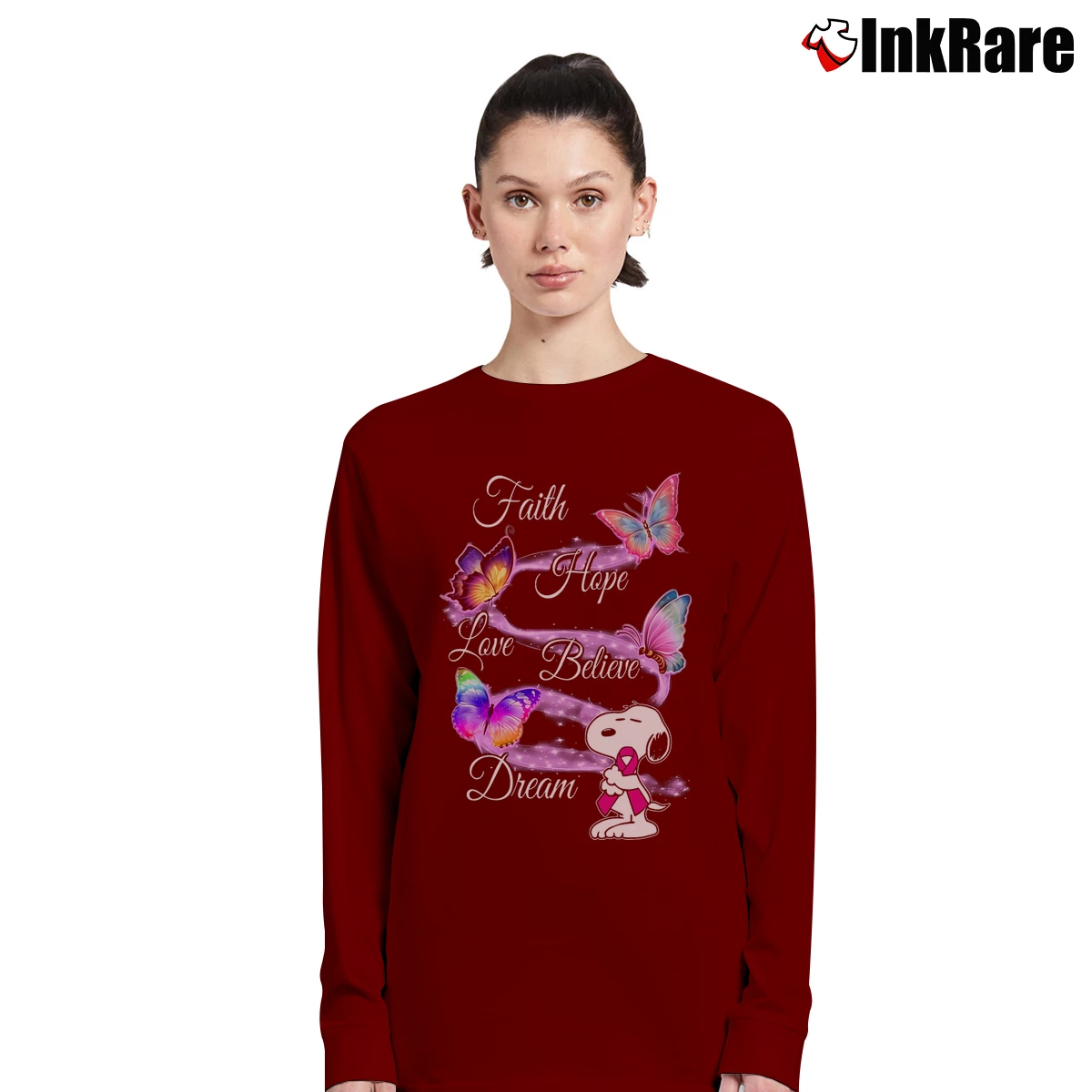 Faith Hope Love Believe Dream Snoopy Butterfly Women’s Long-Sleeve Top in maroon – Effortless Layer Women’s Faith Hope Love Believe Dream Snoopy Butterfly Long-Sleeve Top in maroon | Sleek, Versatile, All-Season