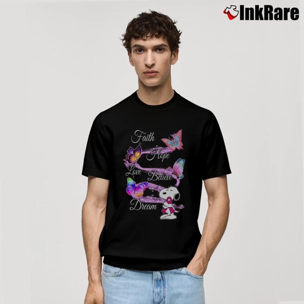 Men’s Faith Hope Love Believe Dream Snoopy Butterfly Classic T-Shirt in black | Soft, Breathable Everyday Wear
