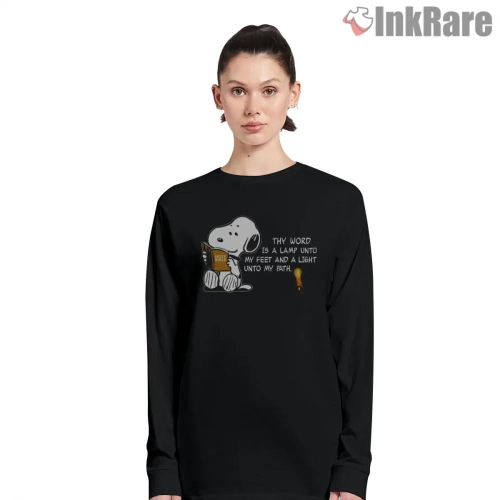 Faith Snoopy Inspirational Bible Verse Shirt on black long sleeve shirt for women graphic tee