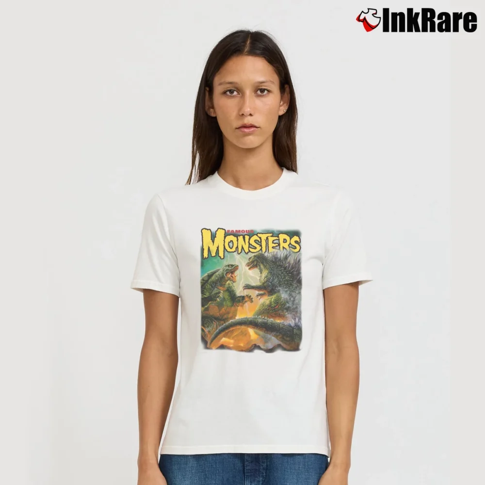 Women’s Famous Monsters Godzilla Vs Gamera Battle Signature T-Shirt in white | Soft, Flattering Fit