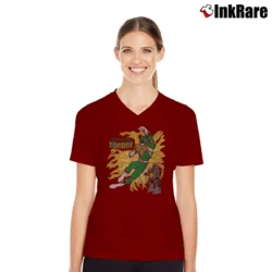 Women’s Fanatic 90s Power Rangers Green Ranger Tommy Oliver Mighty Morphin Gundam Mashup V-Neck Tee in maroon | Chic Neckline, Soft Texture