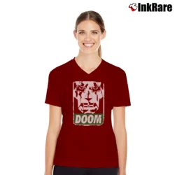 Women’s Fantastic Four Dr. Doom Mask Black V-Neck Tee in maroon | Chic Neckline, Soft Texture