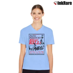 Women’s Faster Pussycat Kill Kill V-Neck Tee in light blue | Chic Neckline, Soft Texture