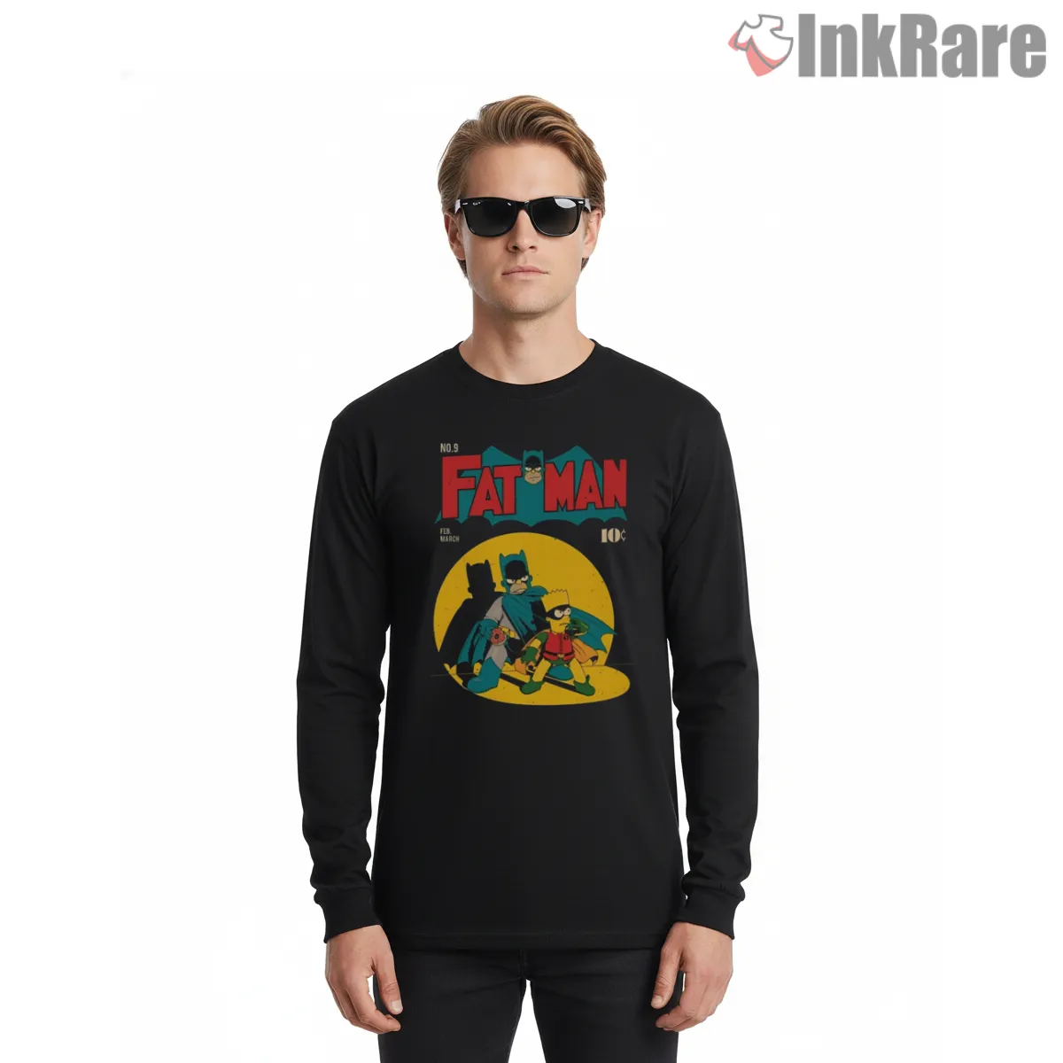 Fat Man Batman Comic Cover Simpsons Parody Long Sleeve Black Fat Man Batman Comic Cover Simpsons Parody Shirt on black long sleeve shirt for men graphic tee