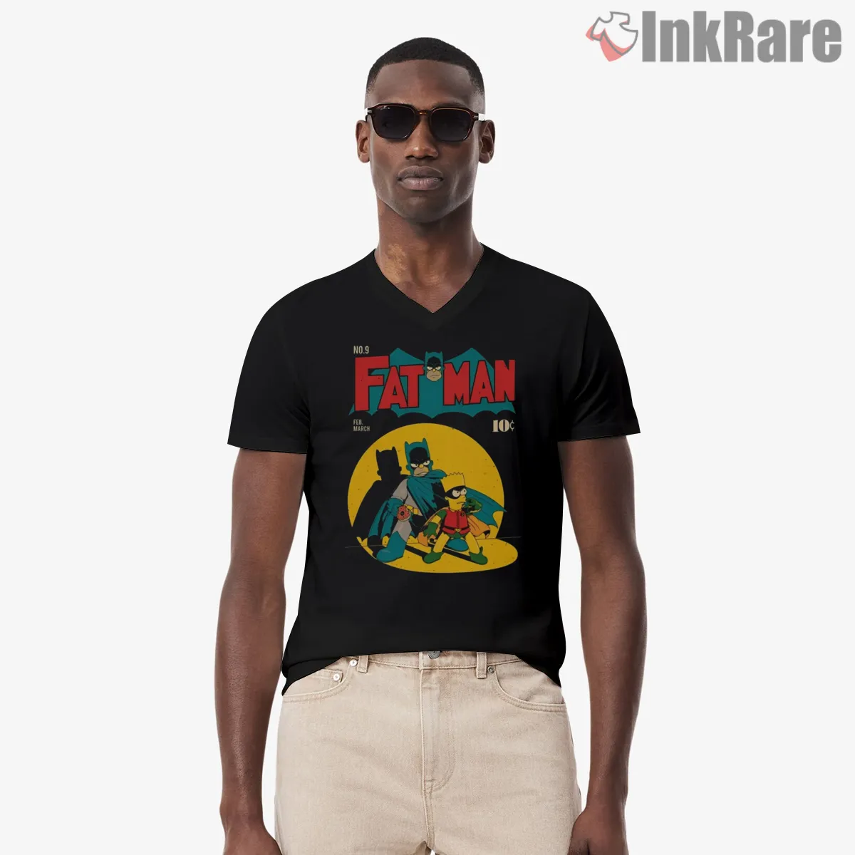 Fat Man Batman Comic Cover Simpsons Parody V Neck Black Fat Man Batman Comic Cover Simpsons Parody Shirt on black v-neck shirt for men graphic tee