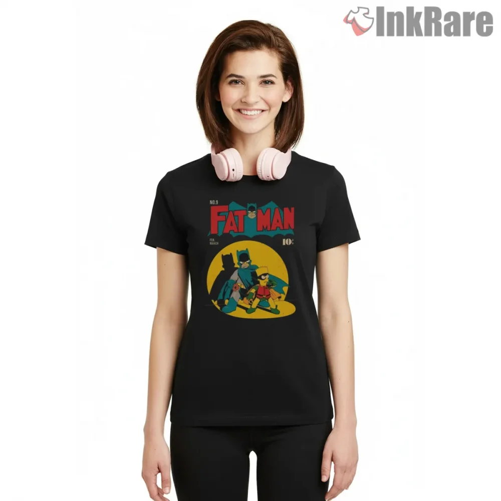 Fat Man Batman Comic Cover Simpsons Parody Shirt on black short sleeve shirt for women graphic tee