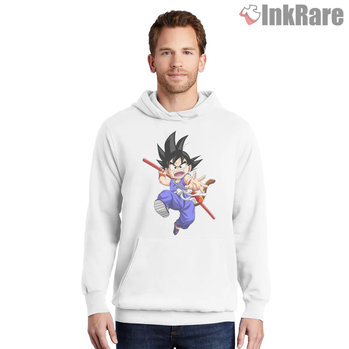 Fearless Kid Goku Power Pole Adventure Shirt on white hoodie for men graphic tee