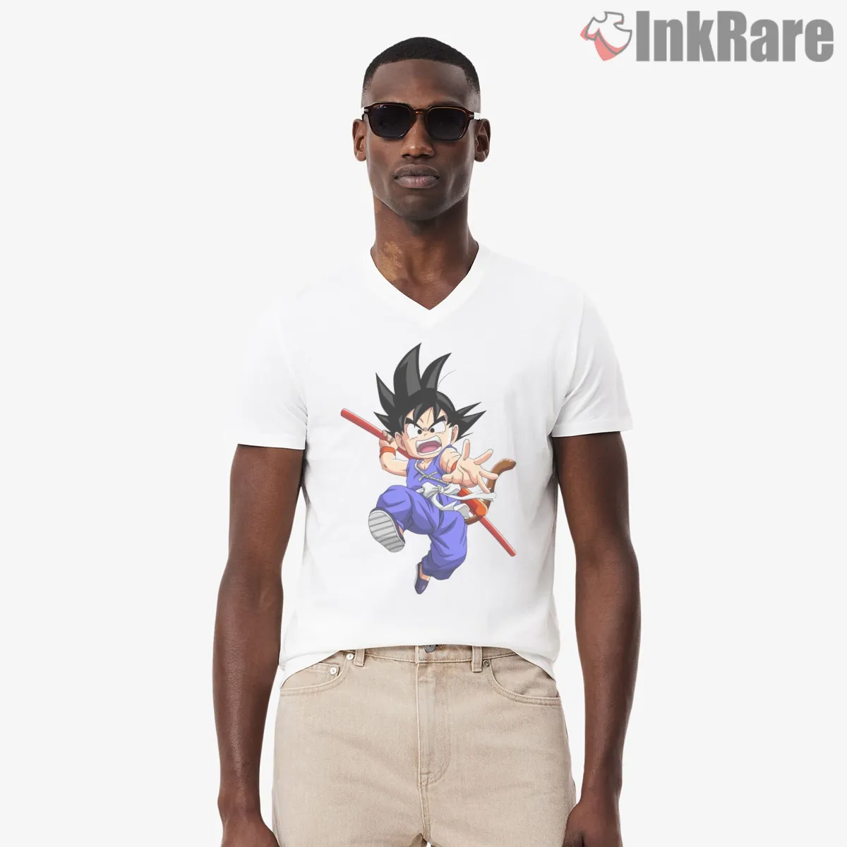 Fearless Kid Goku Power Pole Adventure V Neck White Fearless Kid Goku Power Pole Adventure Shirt on white v-neck shirt for men graphic tee