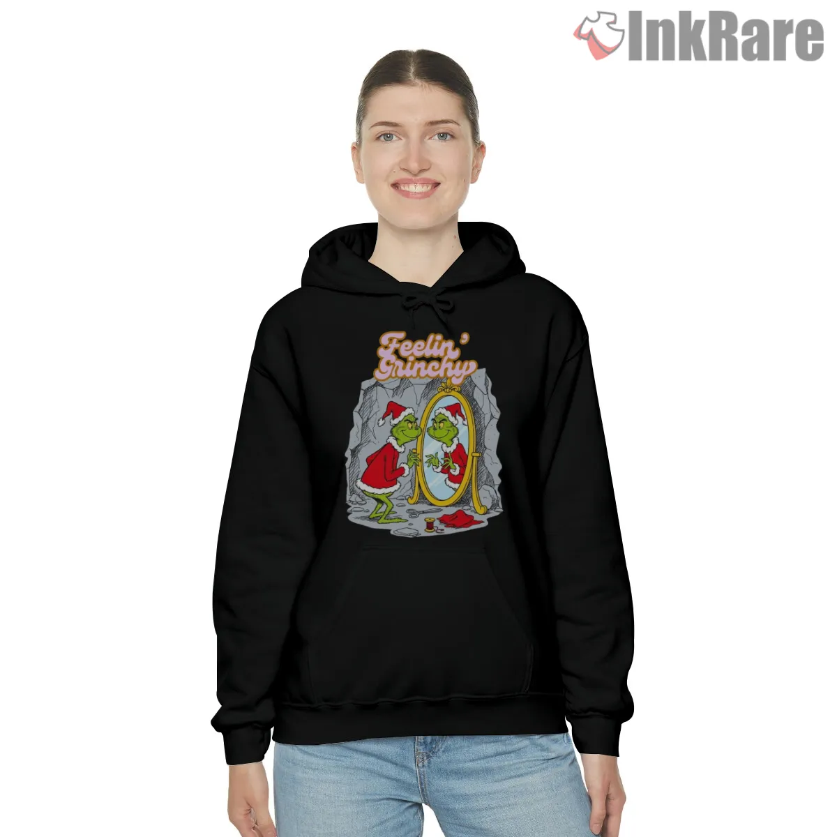 Feelin Grinchy Funny Christmas Mirror Reflection Shirt on black hoodie for women graphic tee