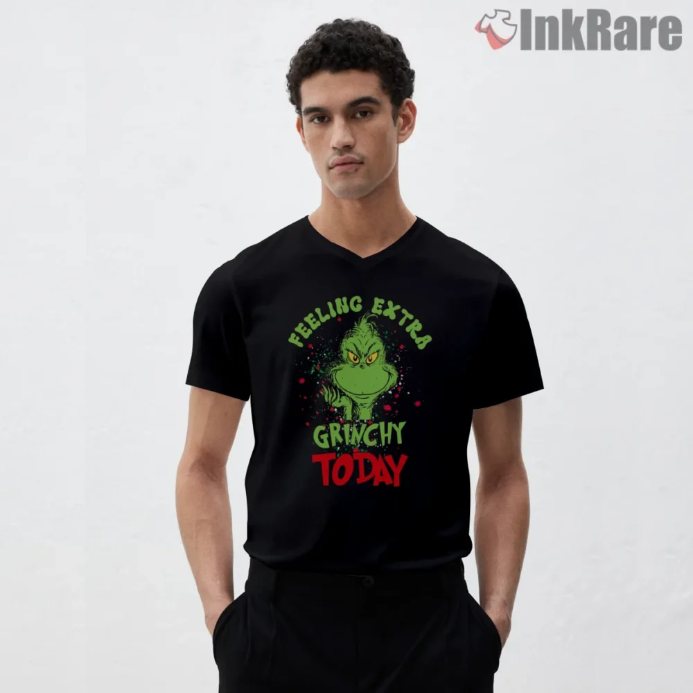 Feeling Extra Grinchy Today Holiday Shirt on black v-neck shirt for men graphic tee