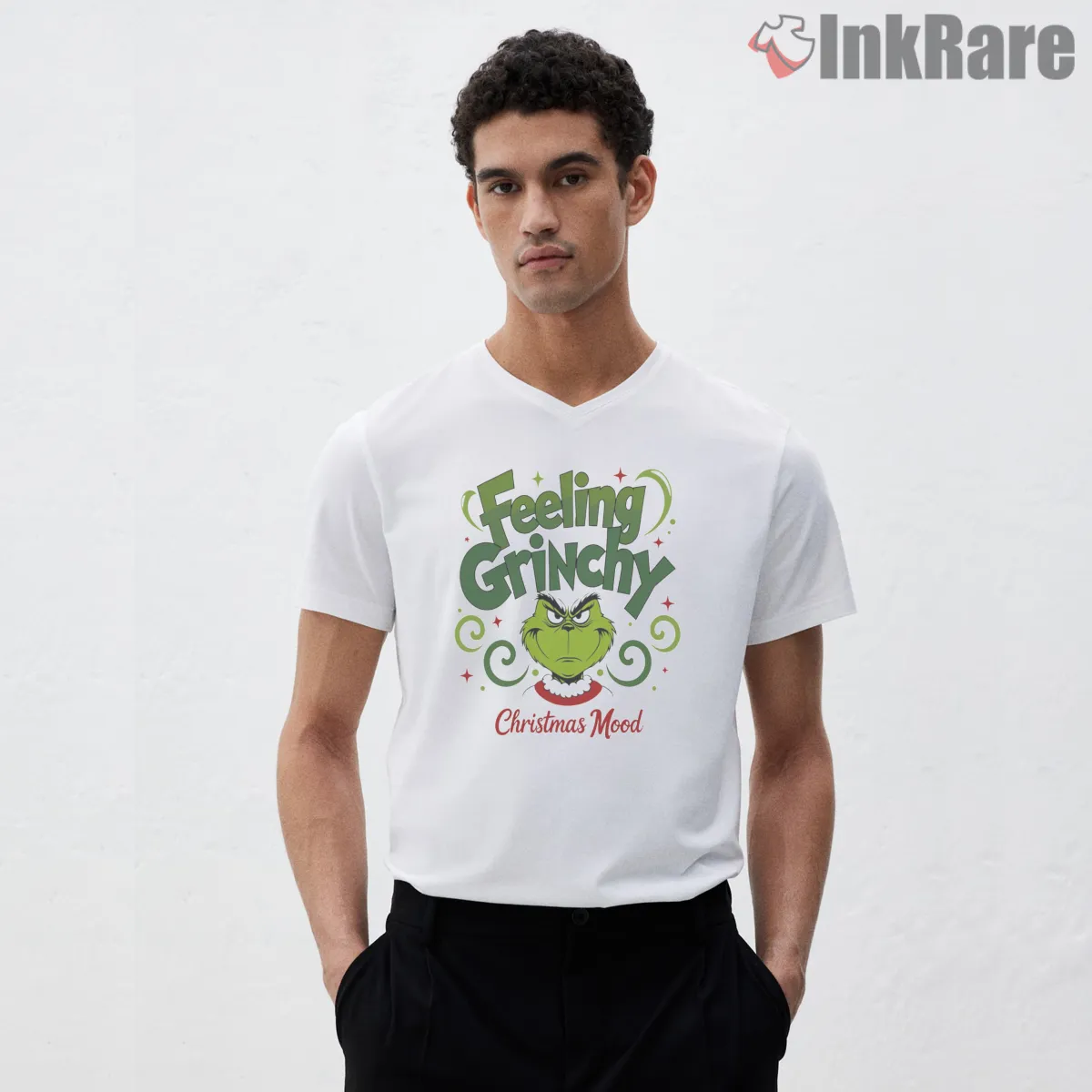 Feeling Grinchy Christmas Mood Shirt on white v-neck shirt for men graphic tee