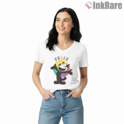 Felix 90s Rainbow Dance Circle Shirt on white v-neck shirt for women graphic tee