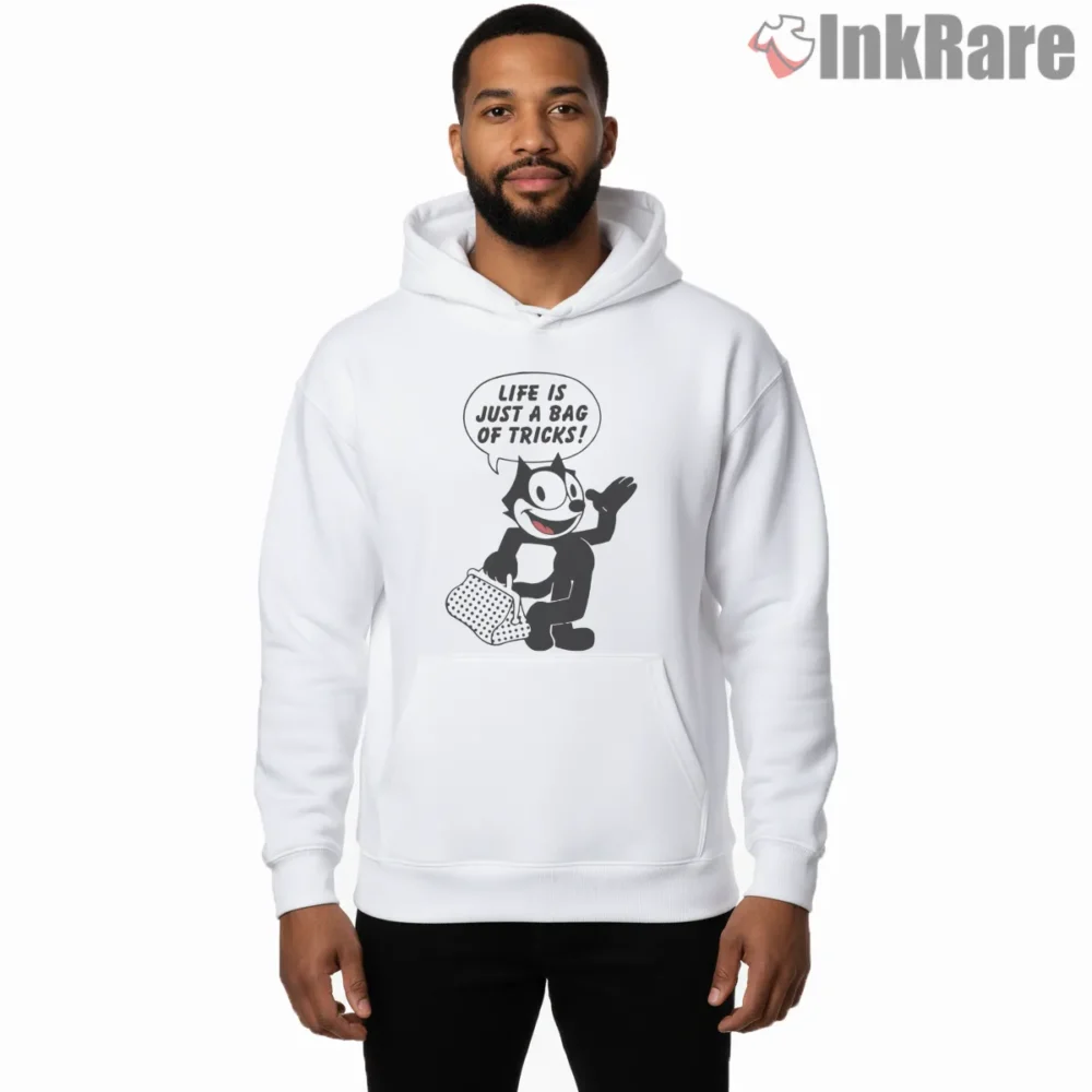 Felix Bag Of Tricks Life Quote Art Shirt on white hoodie for men graphic tee