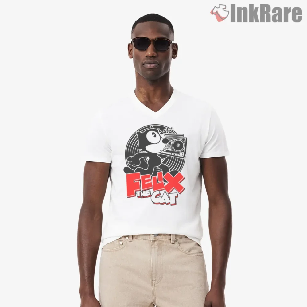 Felix Boombox Retro Mixtape Graphic Shirt on white v-neck shirt for men graphic tee