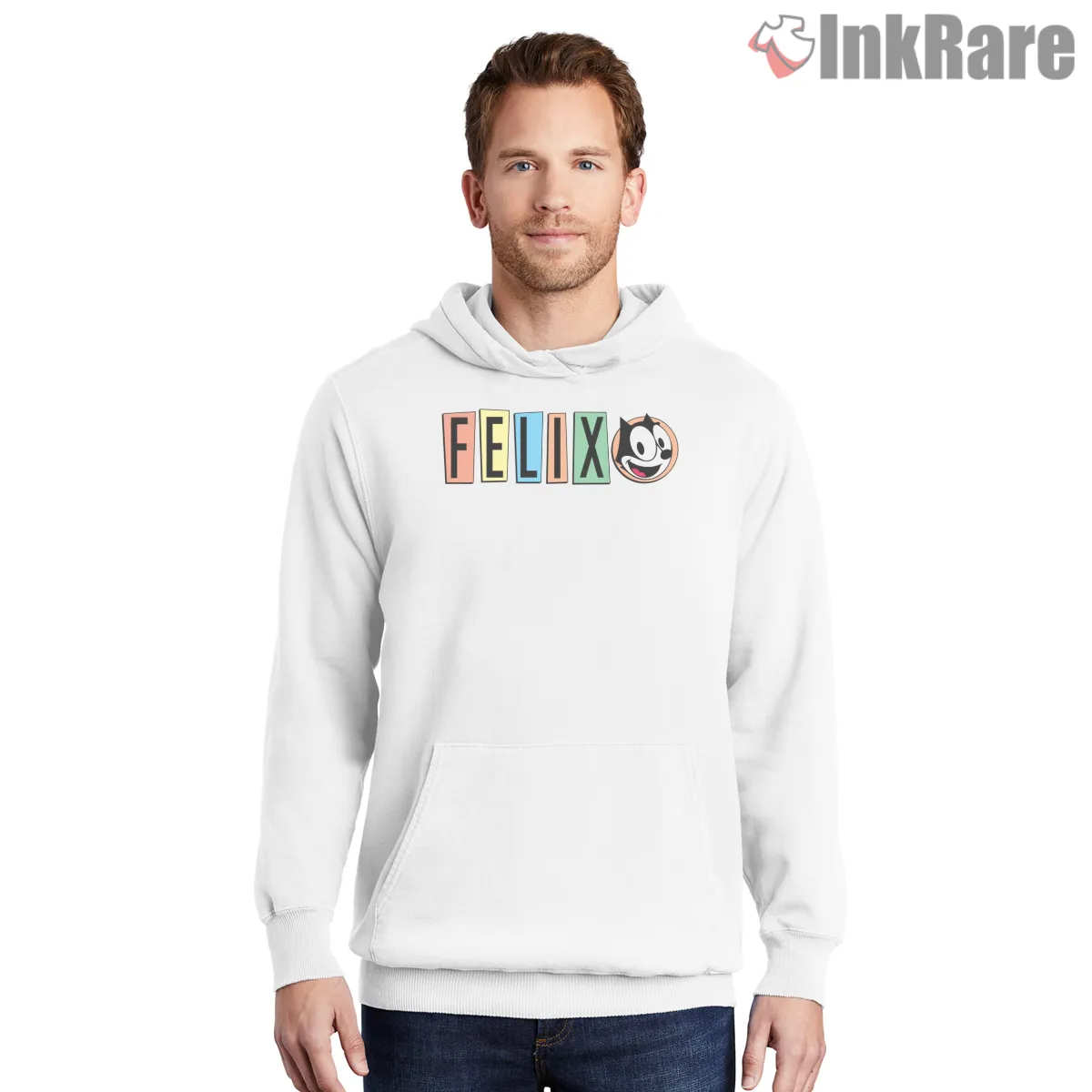 Felix Color Block Letter Parade Shirt on white hoodie for men graphic tee